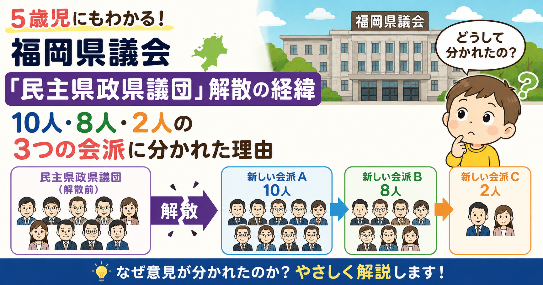 5歳児に向けて福岡県議会の第2会派「民主県政県議団」が解散し、10人・8人・2人の3つの会派に分かれた経緯について説明するね 5歳児に向けて福岡県議会の第2会派「民主県政県議団」が解散し、10人・8人・2人の3つの会派に分かれた経緯について説明するね